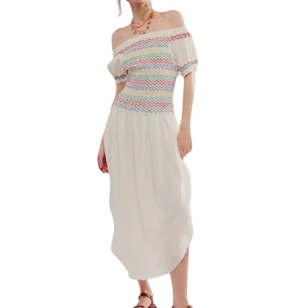 Free People Catch Me Midi Dress Festival Boho Off the Shoulder Picnic Ivory Lg